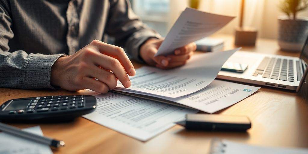 Person reviewing insurance documents at a desk.