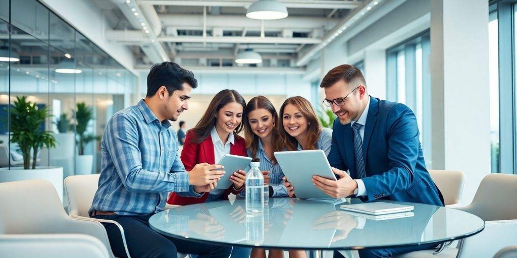 Professionals collaborating in a modern tech-savvy office.