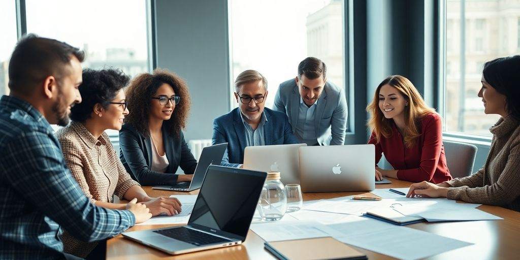 Team collaborating on auto insurance strategies in a modern office.
