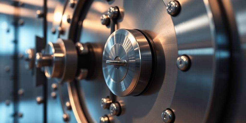 A secure vault door with shiny metal and locks.