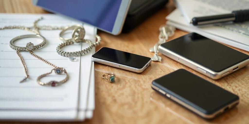 Photographic image of valuable assets on a surface.