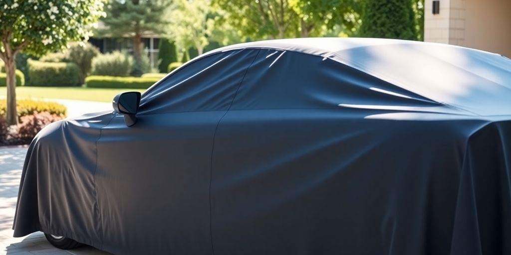 A vehicle covered with a protective auto cover outdoors.