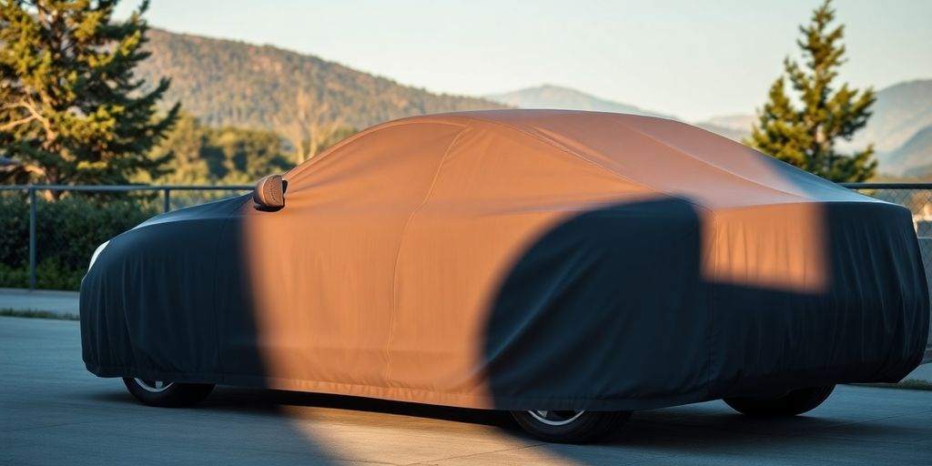 A car covered with a protective auto cover outdoors.