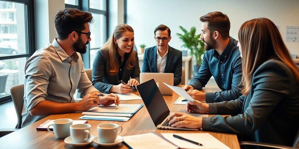 Entrepreneurs collaborating in a bright office environment.