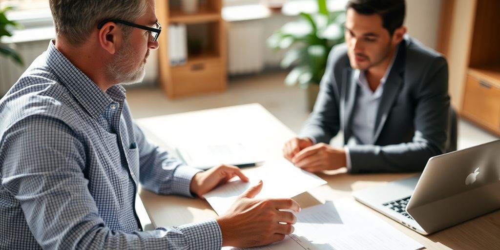 Insurance agent and client discussing specialty coverage in office.