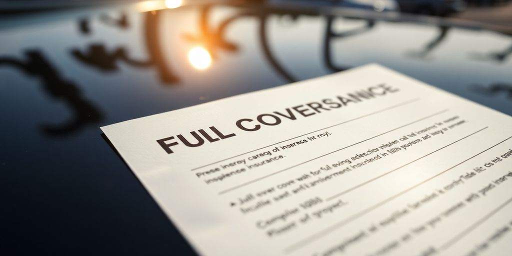 Car insurance document with a parked car in sunlight.