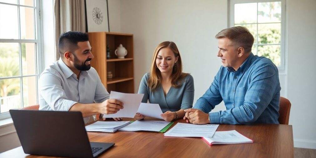 People discussing documents at a table meeting.