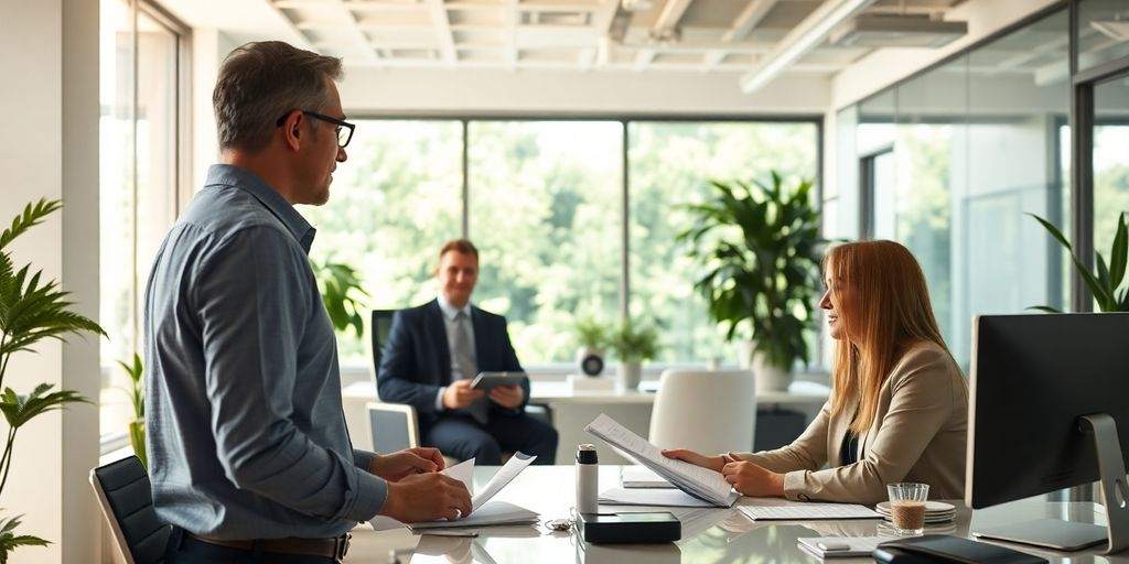 Professional business team discussing insurance in Florida office.