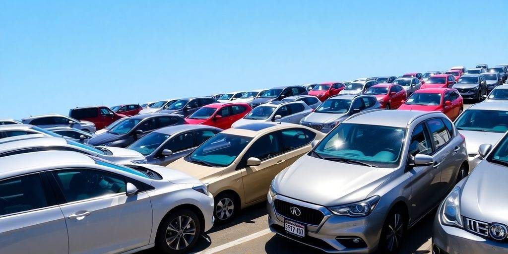 A fleet of rental cars in a sunny parking lot.