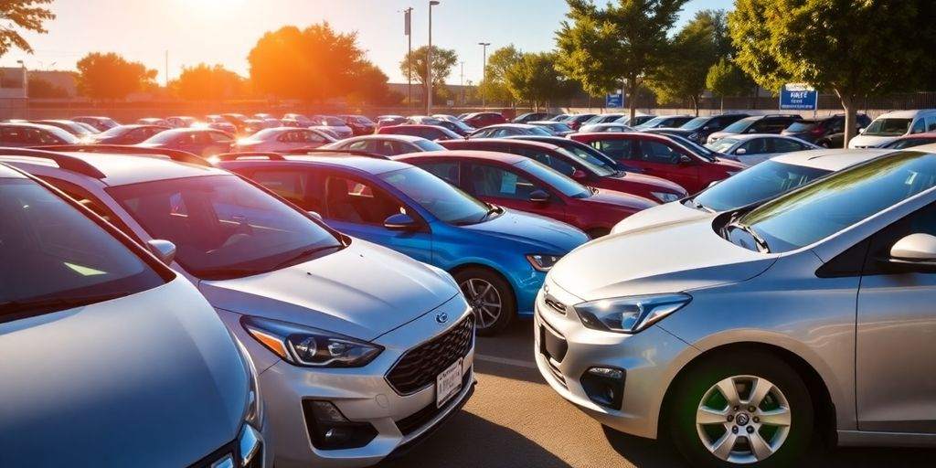 Rental cars in a sunny lot ready for customers.
