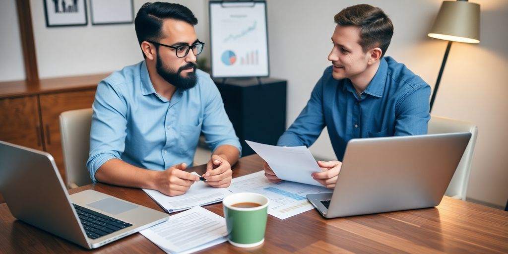 Small business owner discussing insurance options with an advisor.