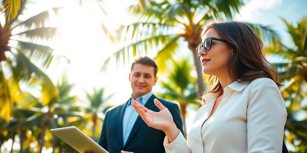 Business professional discussing LLC insurance in sunny Florida.