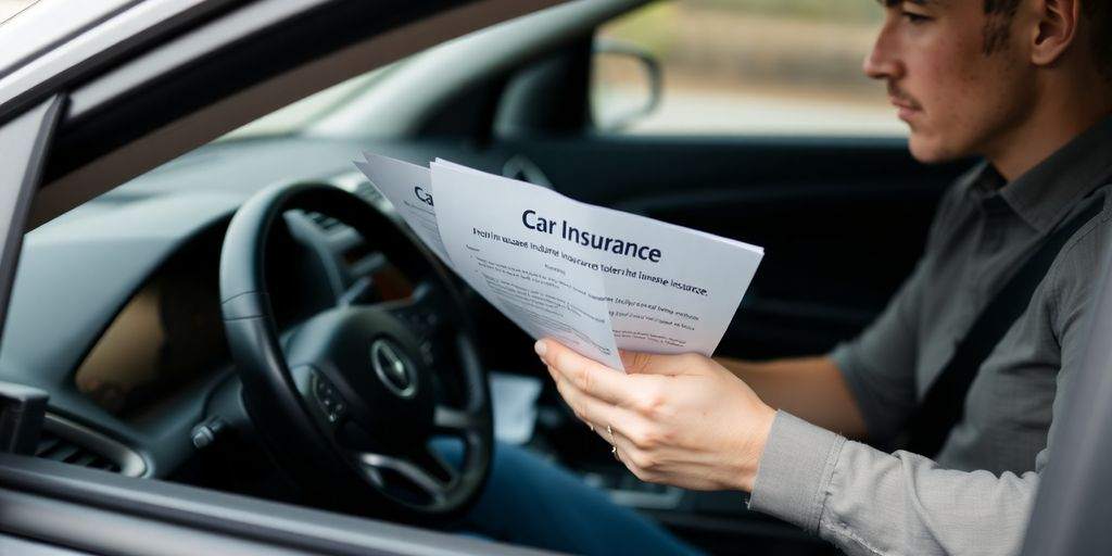 Driver holding car insurance policy in a vehicle.