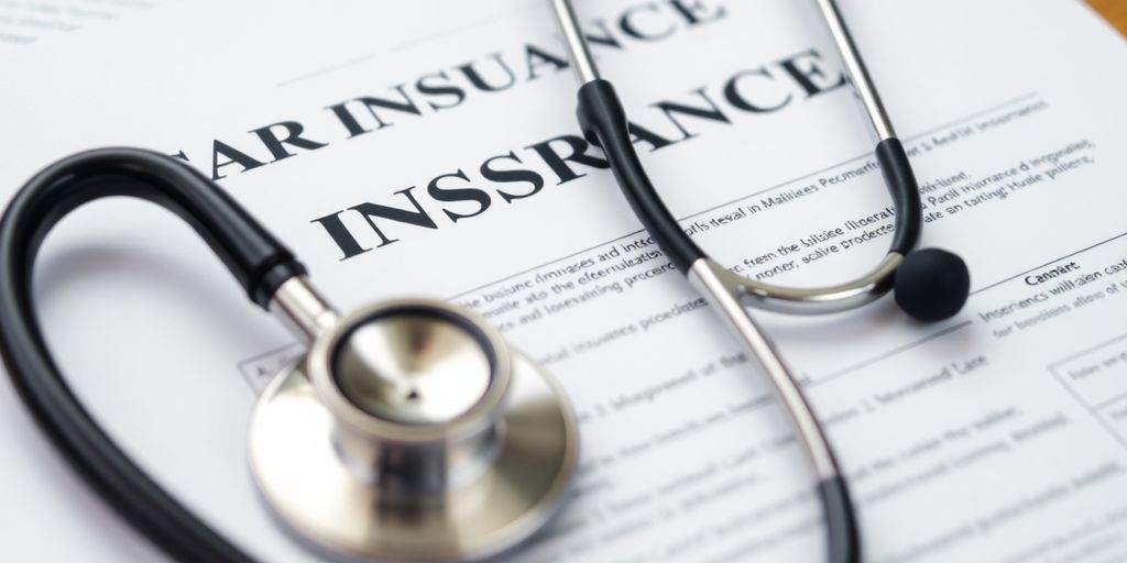 Car insurance policy with stethoscope, representing medical payments.