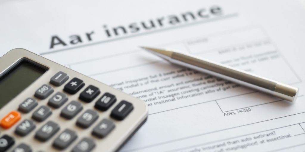 Close-up of an insurance policy with calculator and pen.