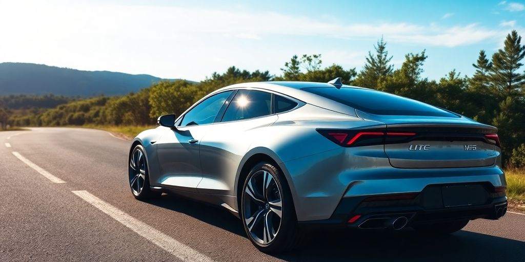 Modern car on a scenic road with greenery.