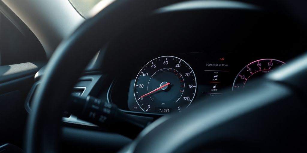 Close-up of a car dashboard with speedometer.