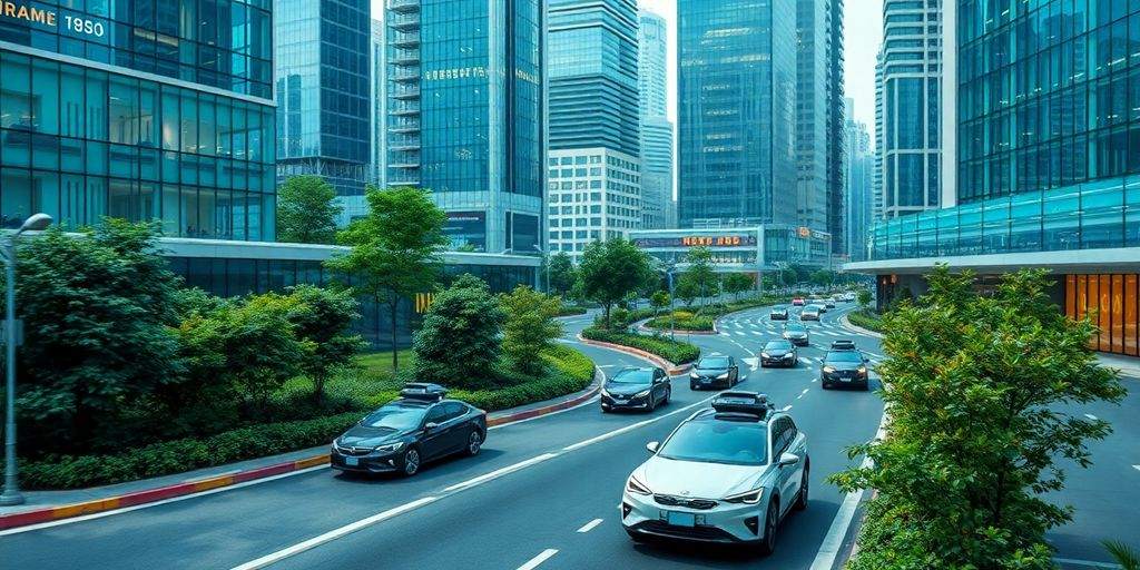 Futuristic city with autonomous cars and green spaces.