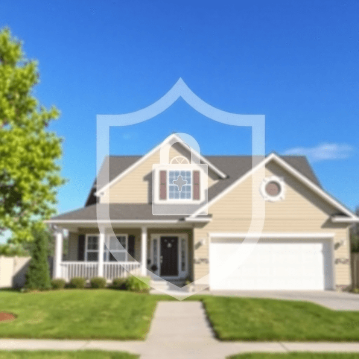 A cozy home with a clear blue sky, featuring a shield overlay for protection and a distant condo building, symbolizing safety and insurance.