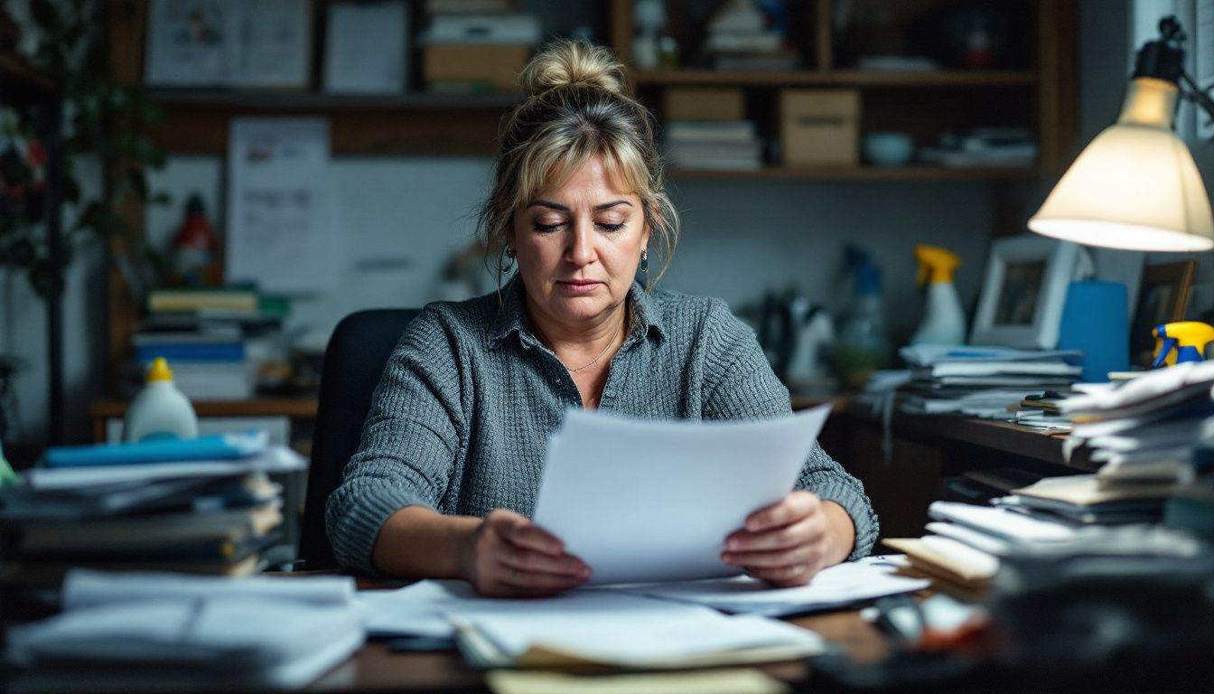 Woman reading papers at cluttered desk.