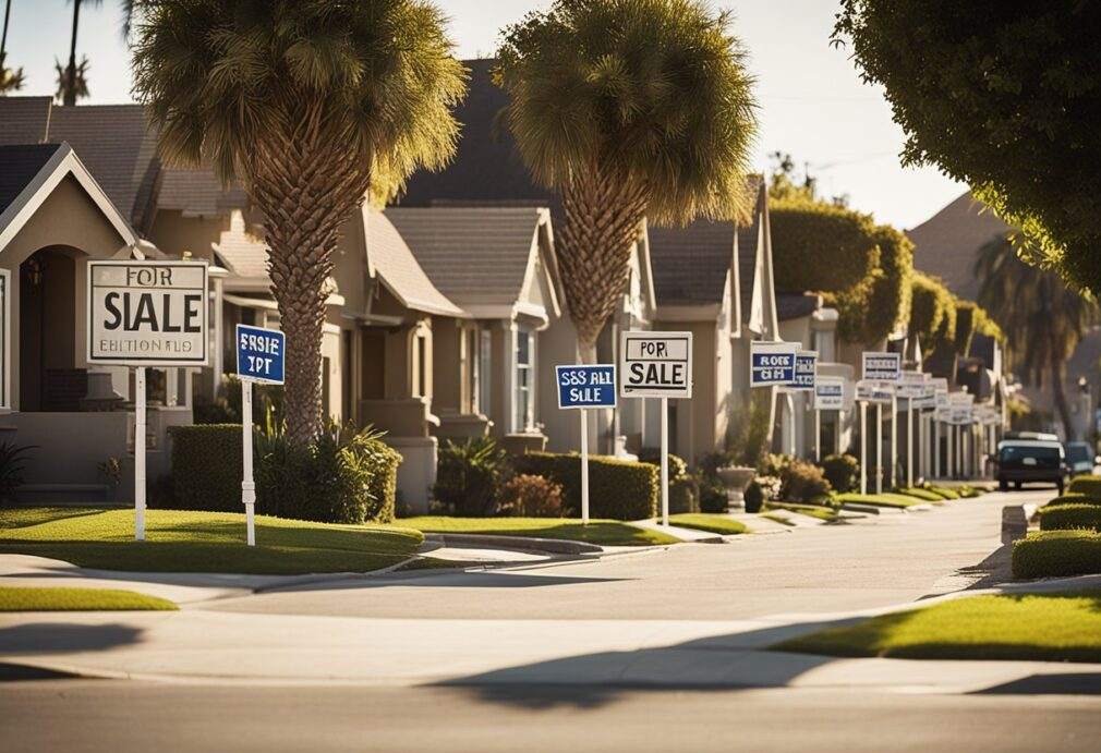 A row of empty houses in a California neighborhood, with "For Sale" signs and moving trucks in front of them