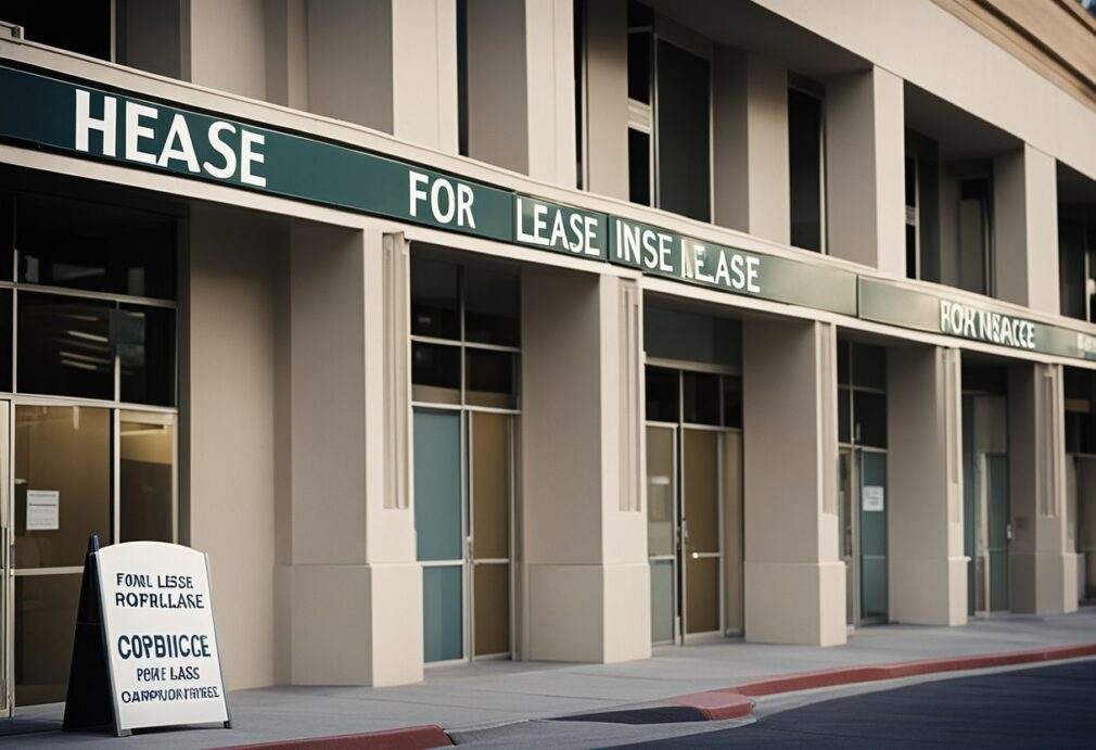 A row of home insurance companies' offices with "For Lease" signs in California