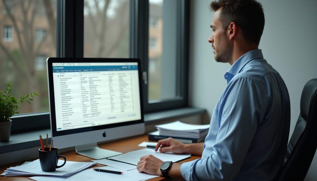 A man in his 40s is standing in a cluttered office.