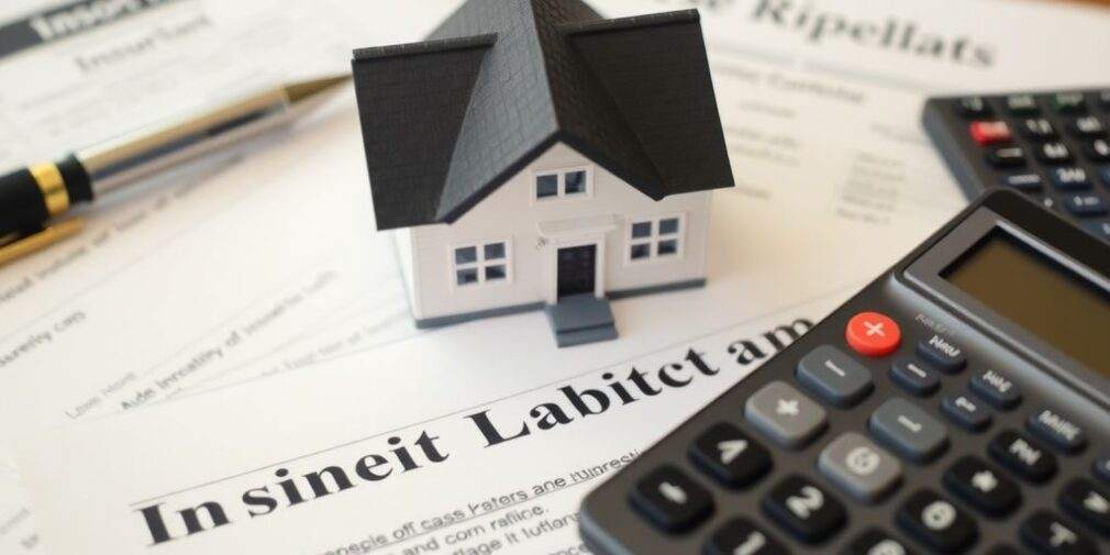 Close-up of a house with insurance documents and calculator.