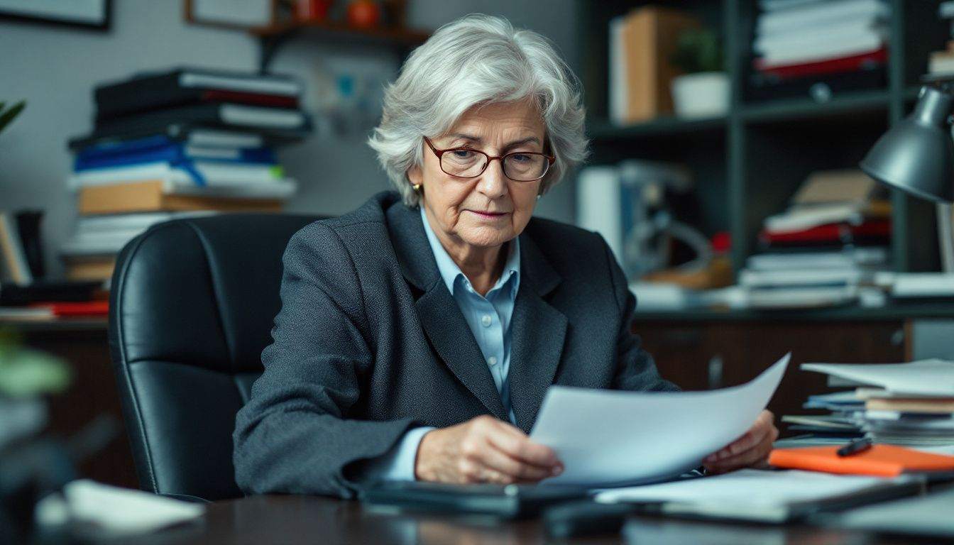 Elderly woman reading documents in office