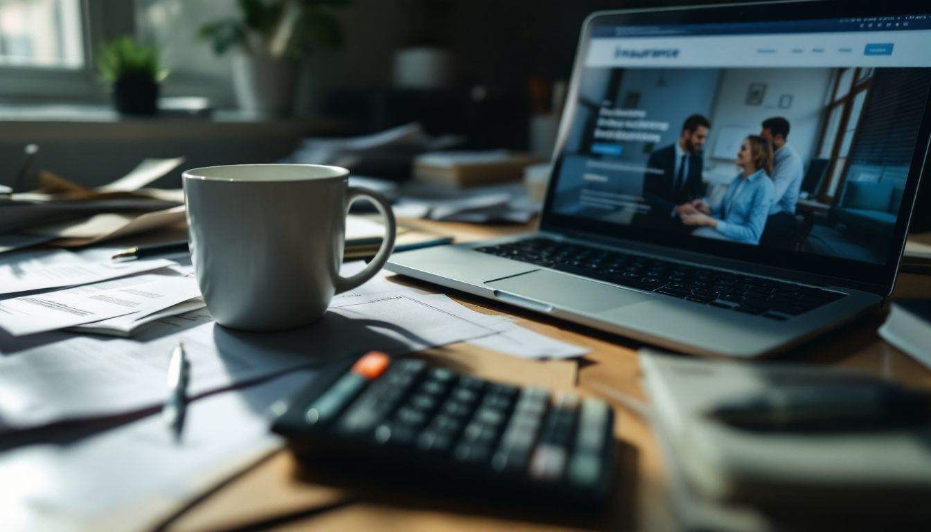 Desk with laptop, coffee, papers, and calculator