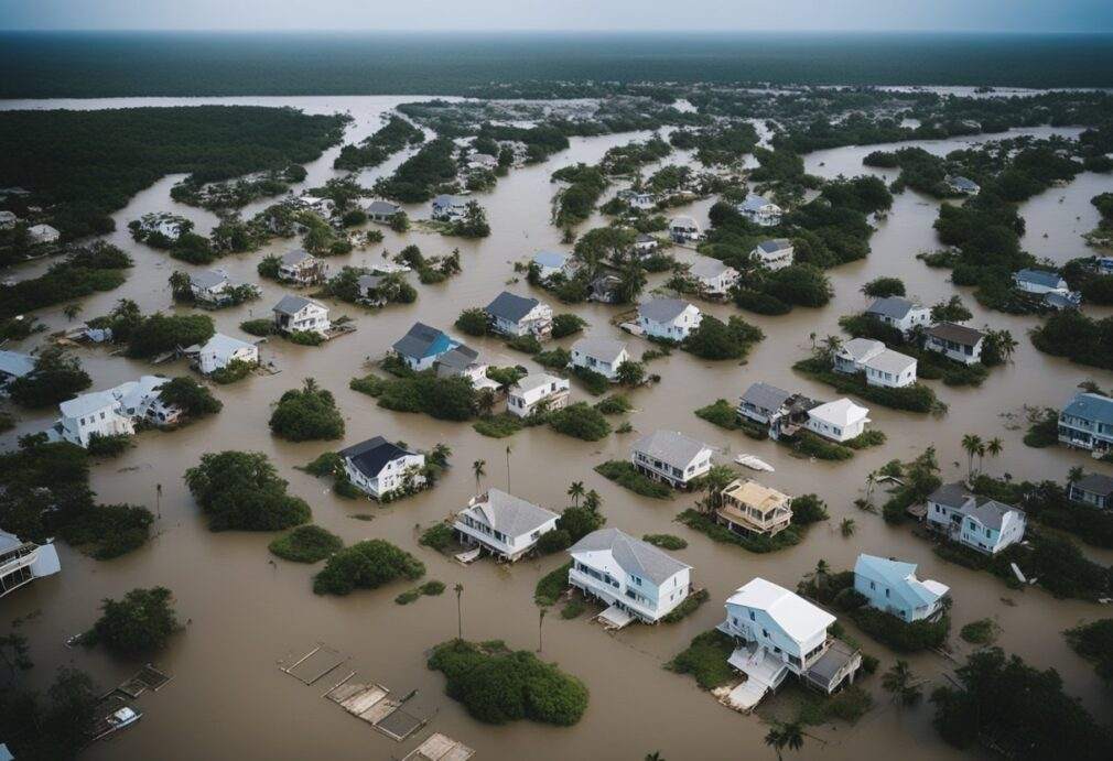 A coastal town devastated by a powerful hurricane, with damaged homes and buildings surrounded by floodwaters and debris