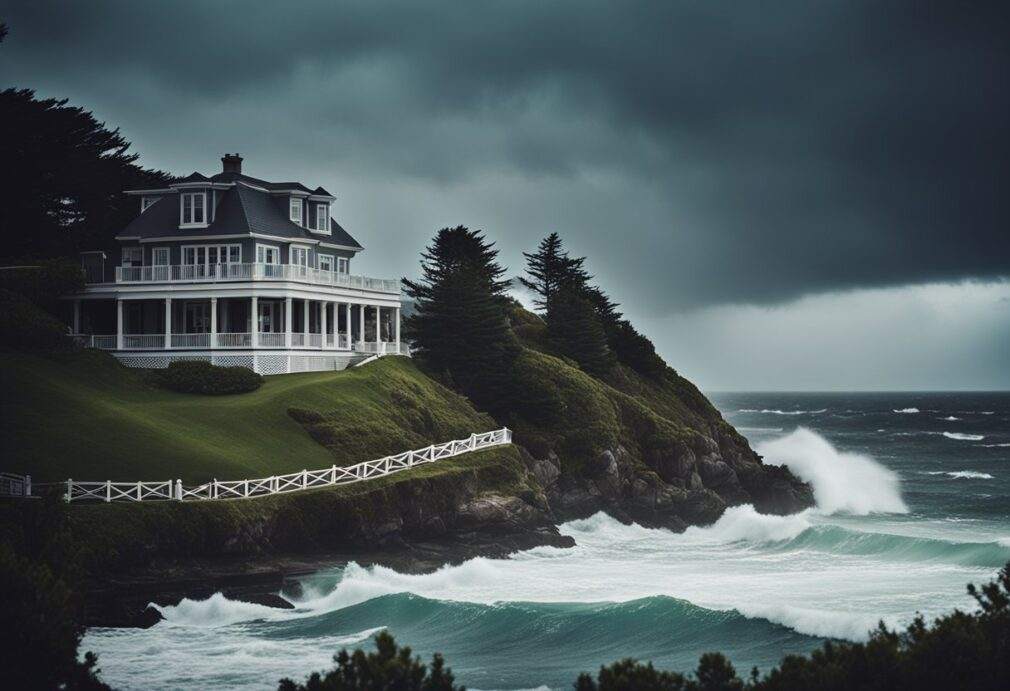 A coastal home surrounded by stormy seas, with dark clouds looming overhead and strong winds bending nearby trees