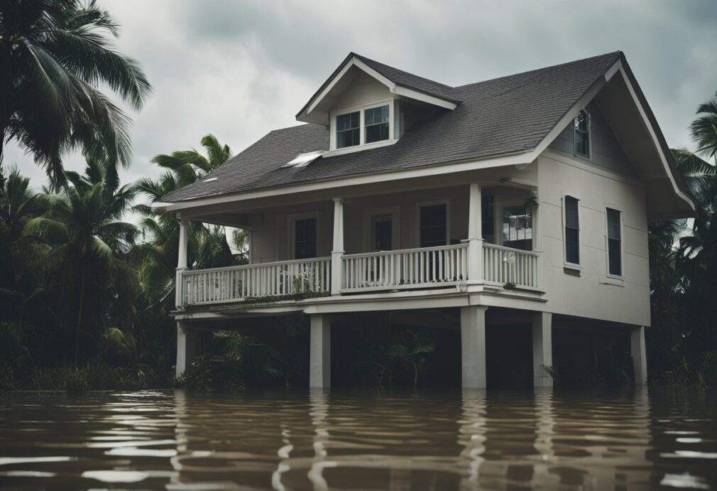 A house in a hurricane-prone area with floodwaters rising, causing damage and destruction to the property