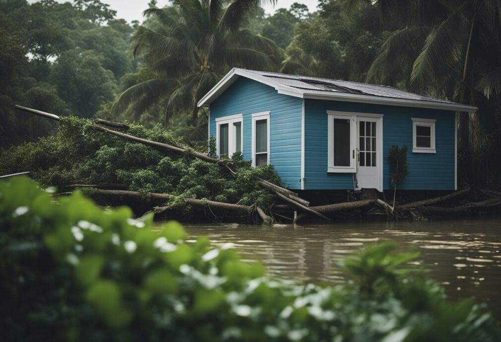 A house in a hurricane-prone area with damaged roof and flooding, while a hacker attempts to breach a digital insurance system