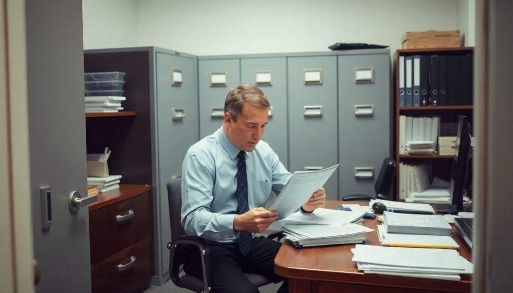 An insurance agent conducting a business insurance audit in a small office.