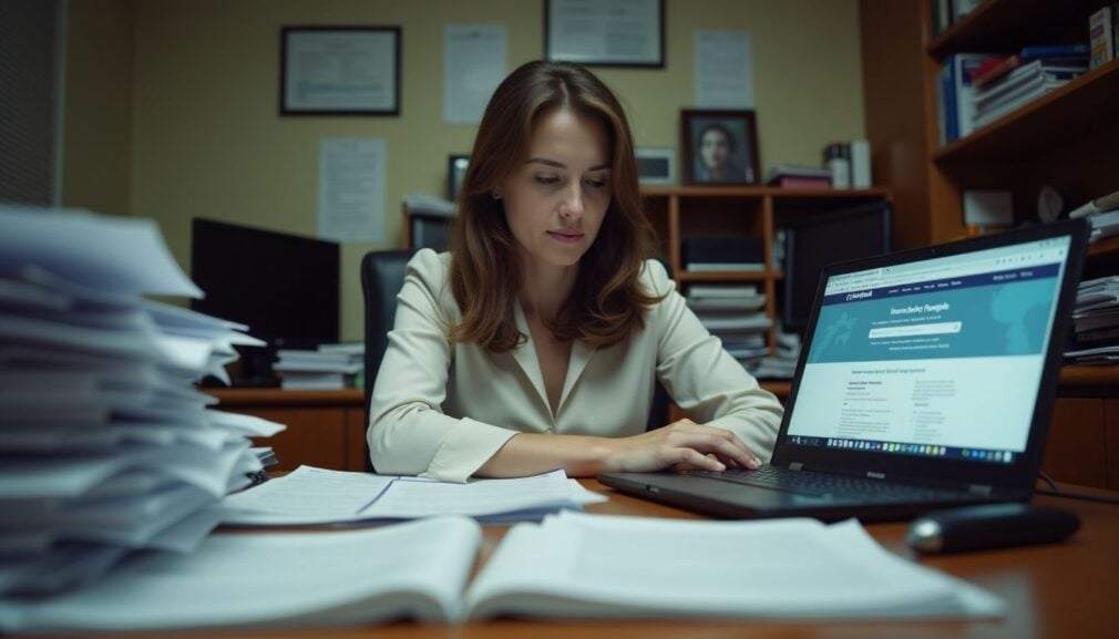 A woman reviews insurance policies at a cluttered office desk.