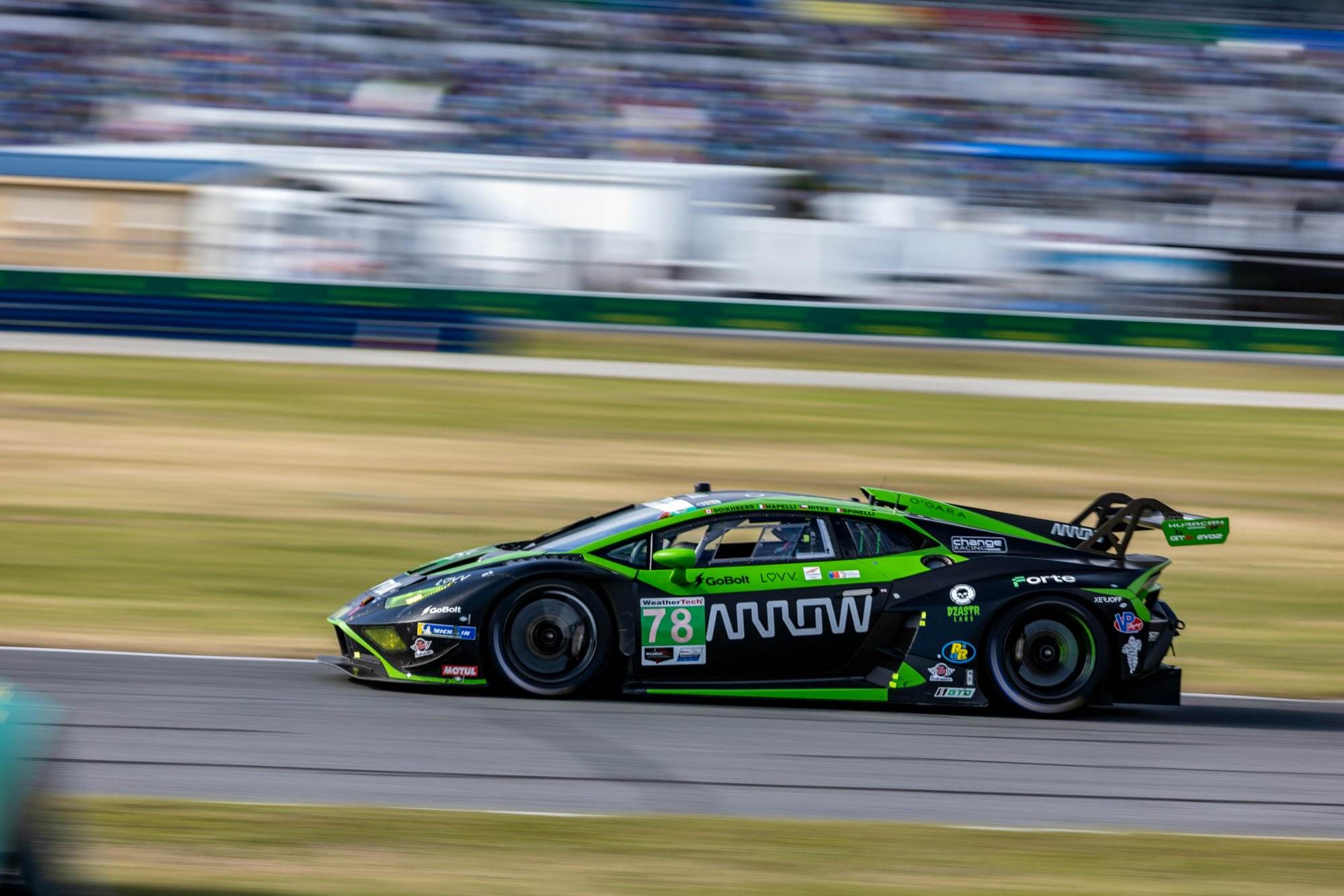Lamborghini Huracán in action at Daytona Beach circuit during a motorsport event.