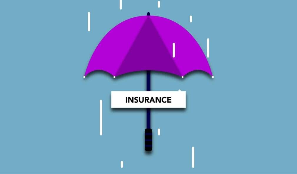 Decorative cardboard illustration of signboard with Insurance title under umbrella in rain on blue background