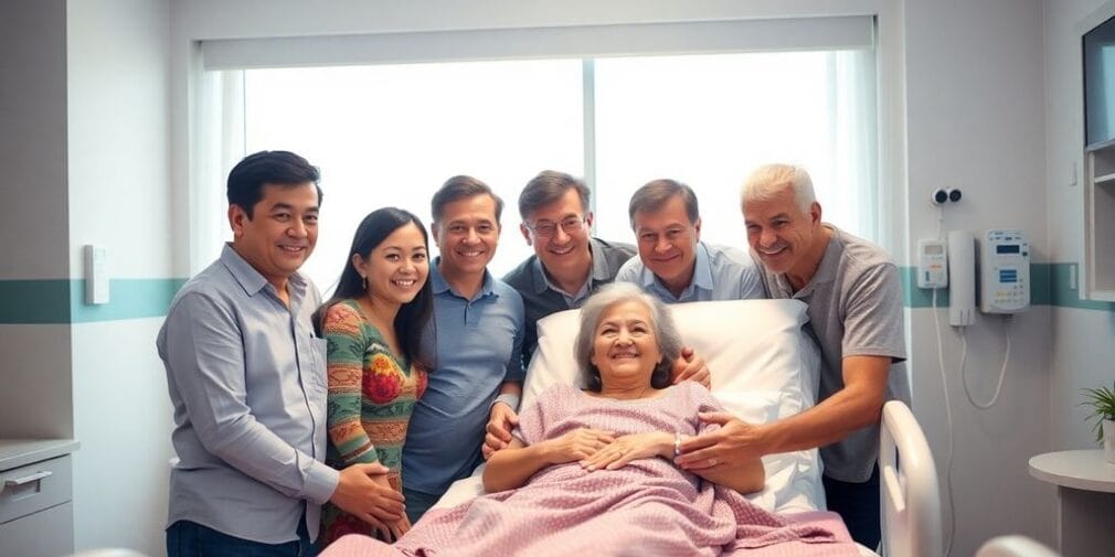 Family supporting a loved one in a hospital room.