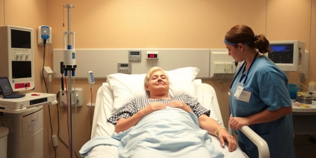 Patient in hospital bed receiving care from doctors.