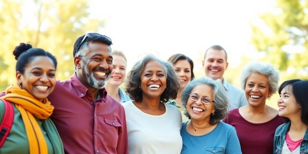 Diverse group of people enjoying health care community outdoors.