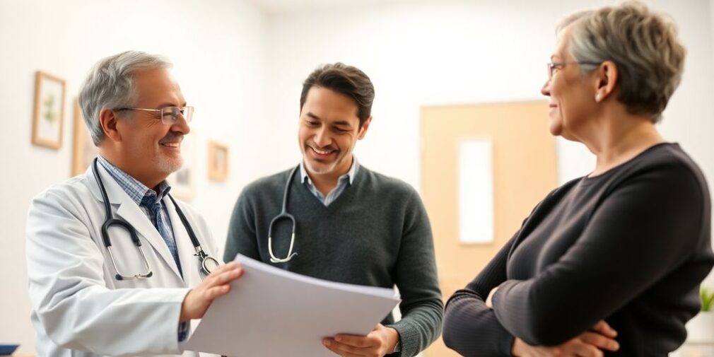 Doctor and patient discussing health insurance in clinic.