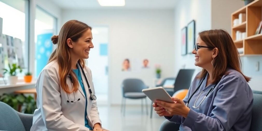 A healthcare provider consulting with a patient in an office.
