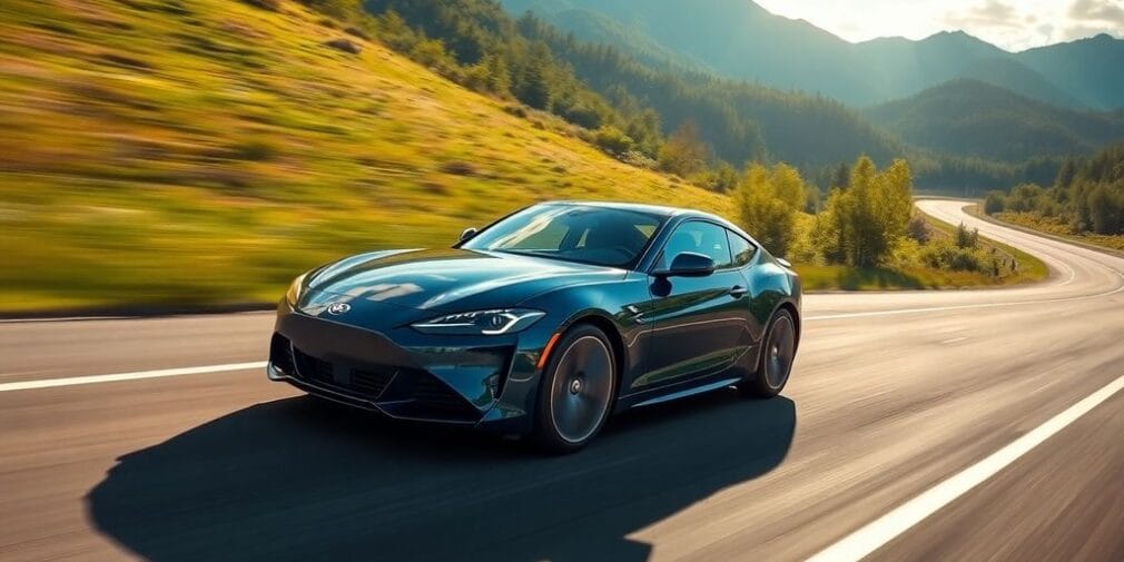 A car driving on a scenic road surrounded by nature.