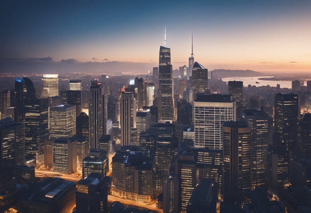 A bustling city skyline with towering skyscrapers and prominent corporate logos of leading business insurance companies