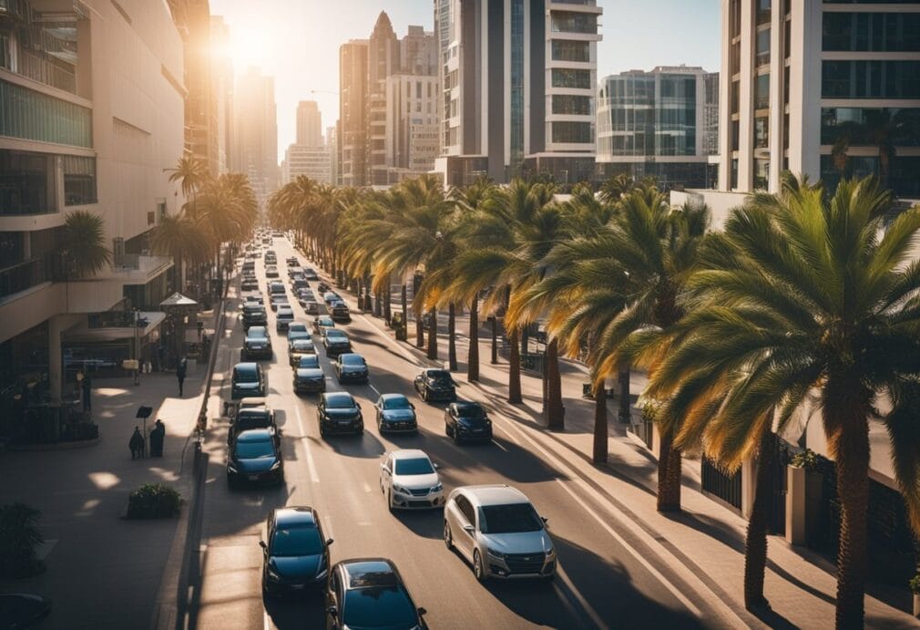 A bustling city street with cars and insurance offices, a sunny day with palm trees and buildings in the background