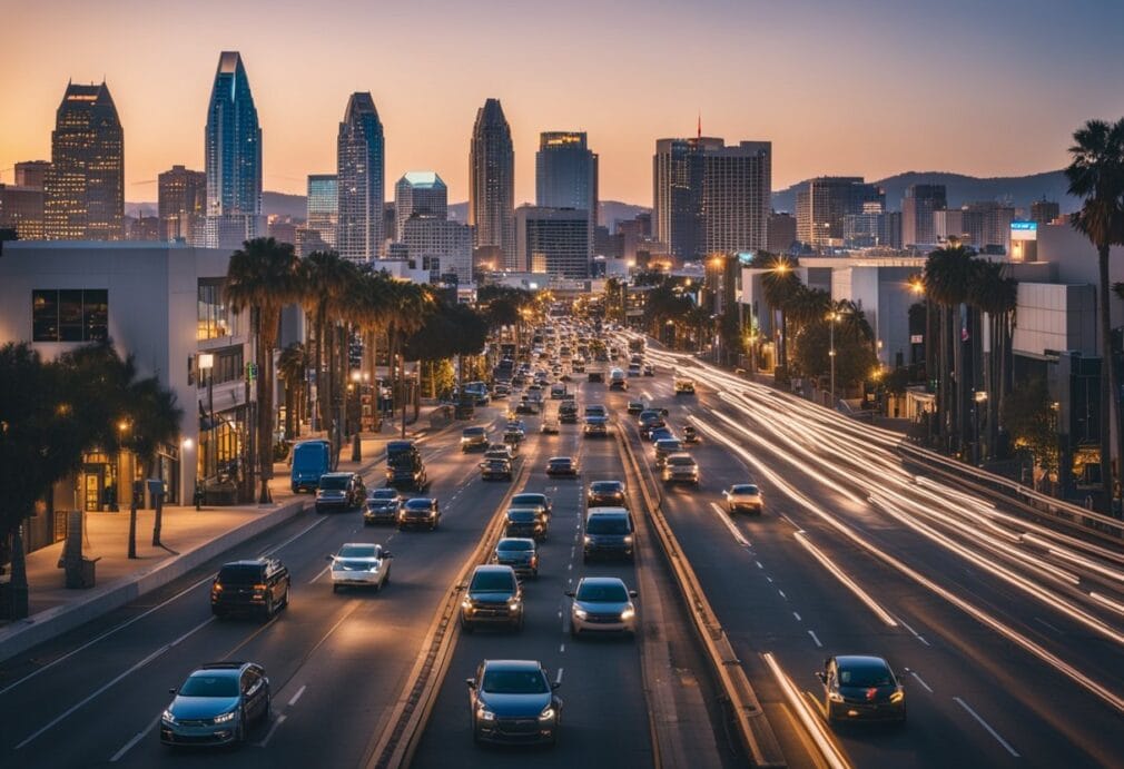 A bustling city street with cars, traffic signs, and a skyline of San Diego in the background