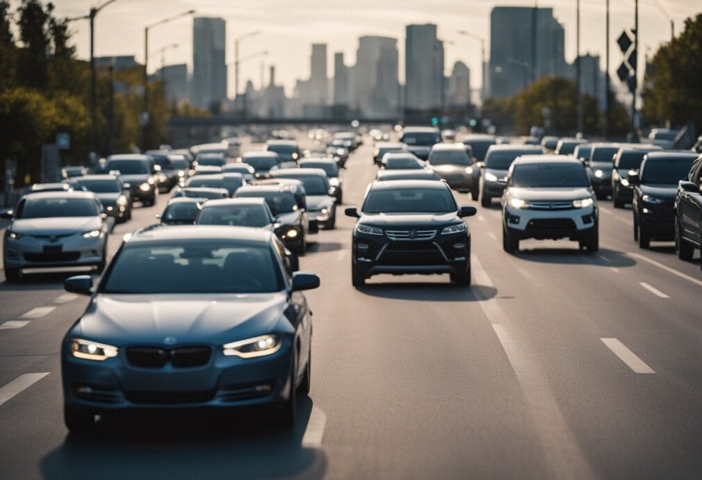 A row of cars driving through a city with various factors influencing auto insurance rates displayed in the background