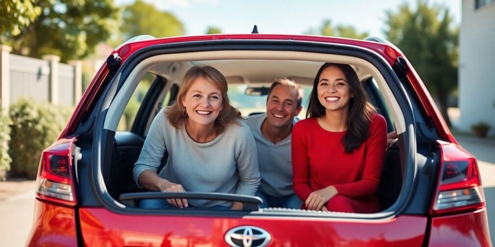 Happy family with a car in a sunny driveway.