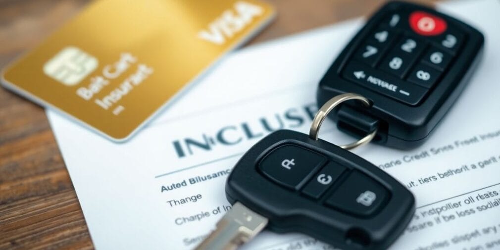 Car keys on insurance policy with credit card background.